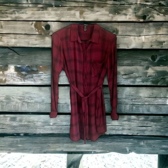 Forever 21 Tops - Forever 21 Plaid Shirt Dress Knee Length Tie Waist Long Sleeve Red Size S